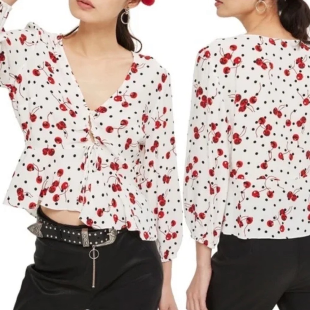 Topshop Cherry Print Polka Dot Tie Front Crop Blouse XS US 2 UK 6